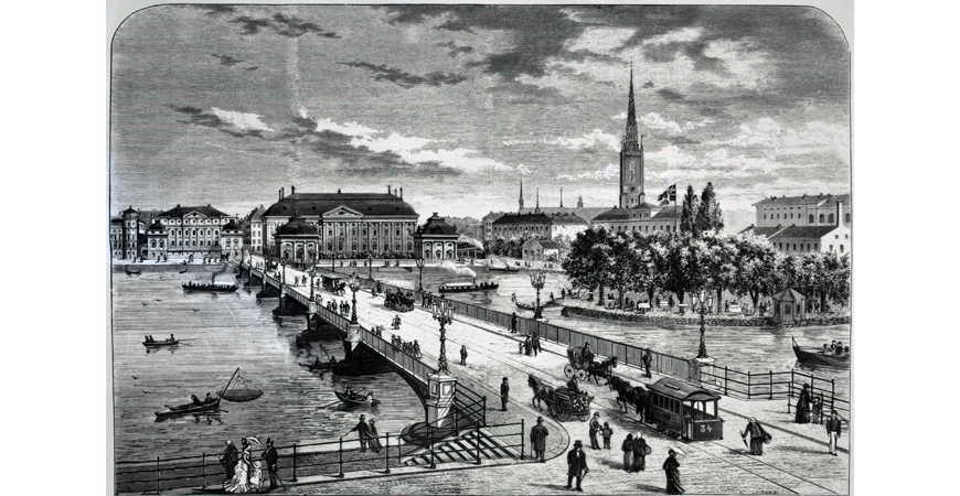 Vy över den nybyggda bron, med gjutjärnselement från Aktiebolaget Atlas.