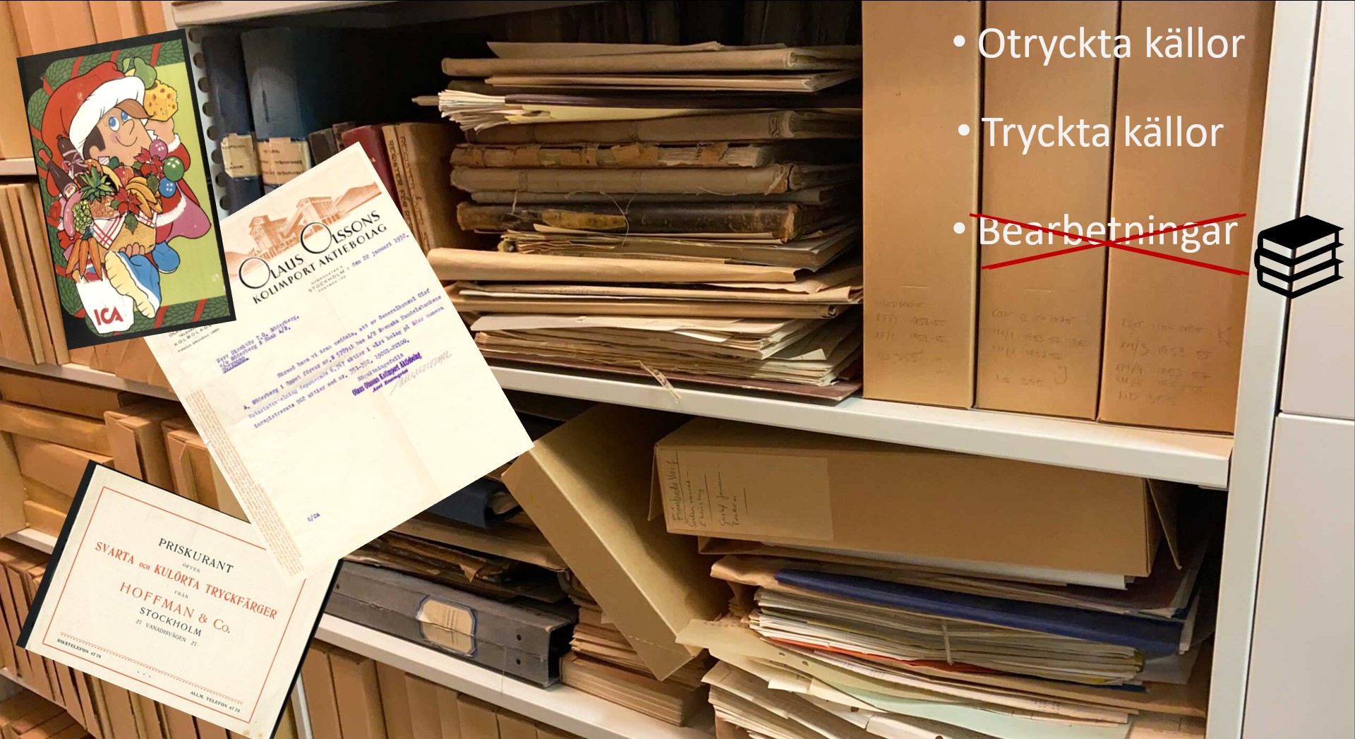 Vi se bilder ur arkivhyllorna samt texten "Otryckta källor, "Tryckta källor" samt "Bearbetningar" varav det sista ordet är överstruket.