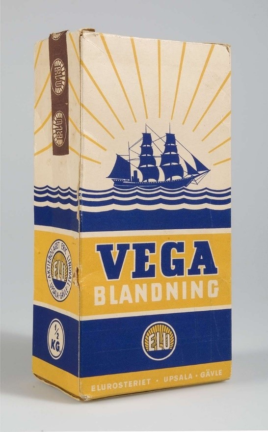 Äldre färgglad kaffeförpackning från Lindvalls Kaffe.