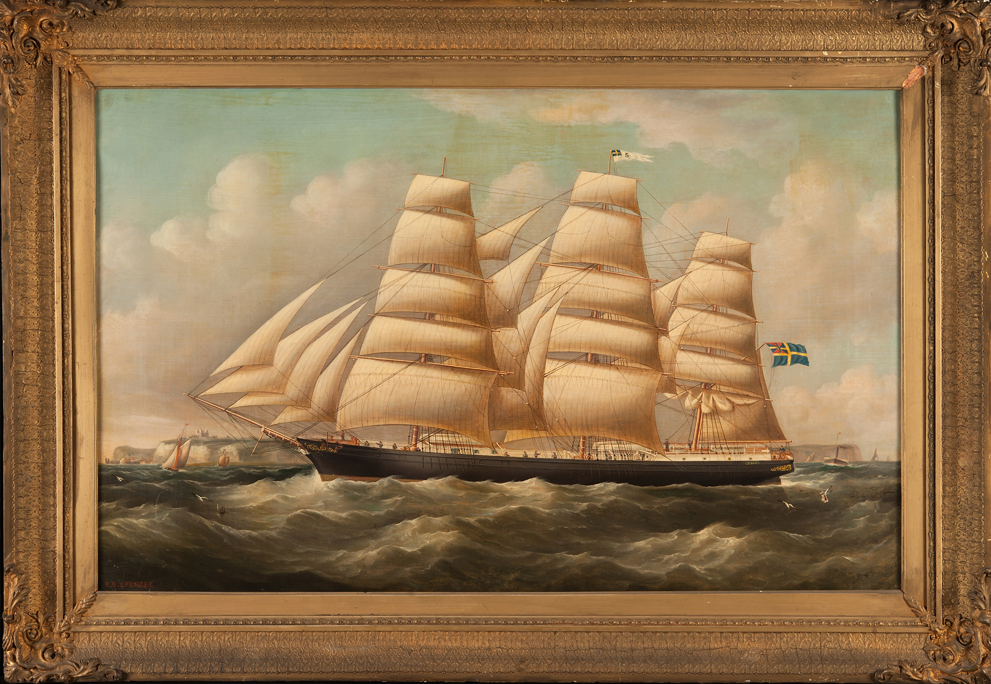 Fullriggaren Odin avbildad som oljemålning.