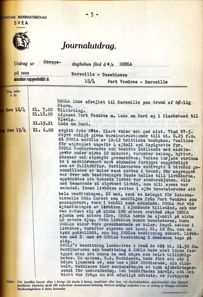 Ur Rederi-Sveas skeppsdagbok, andra världskriget.