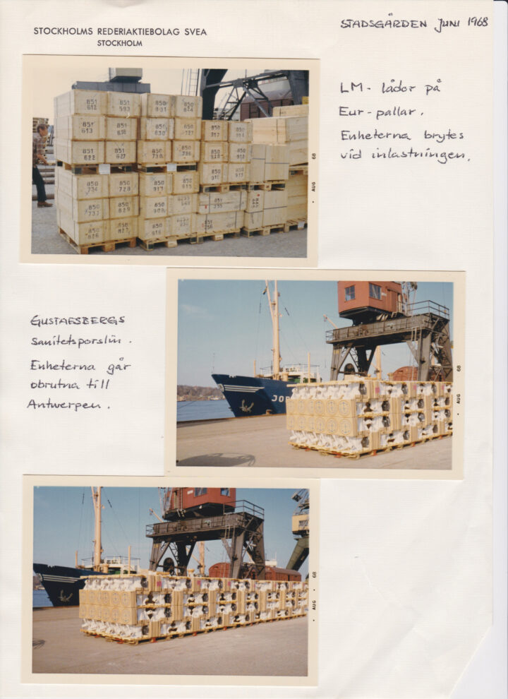 Rederi-Svea lastar Gustavsbergs sanitetsporslin på EUR-pallar vid Stadsgården 1968.